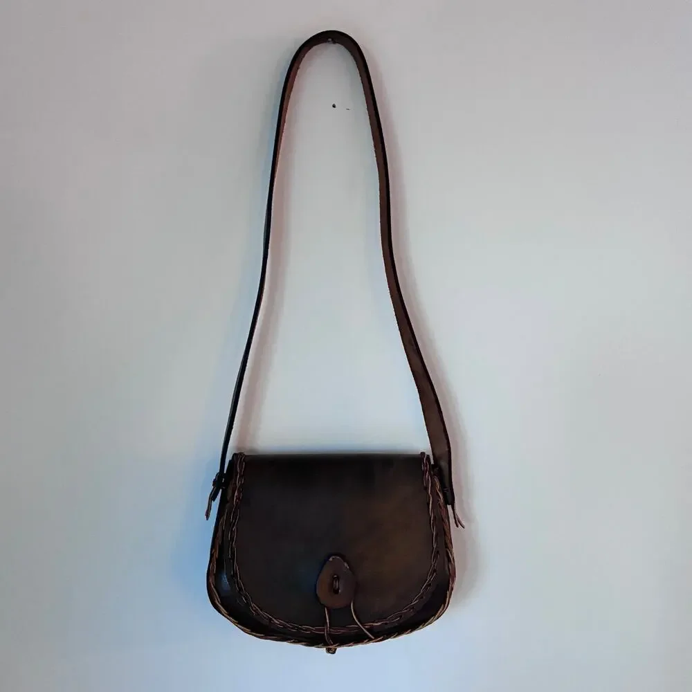 Vintage Handmade Brown Leather Saddle Bag Crossbody | Boho Western Artisan Purse - Picture 3 of 16